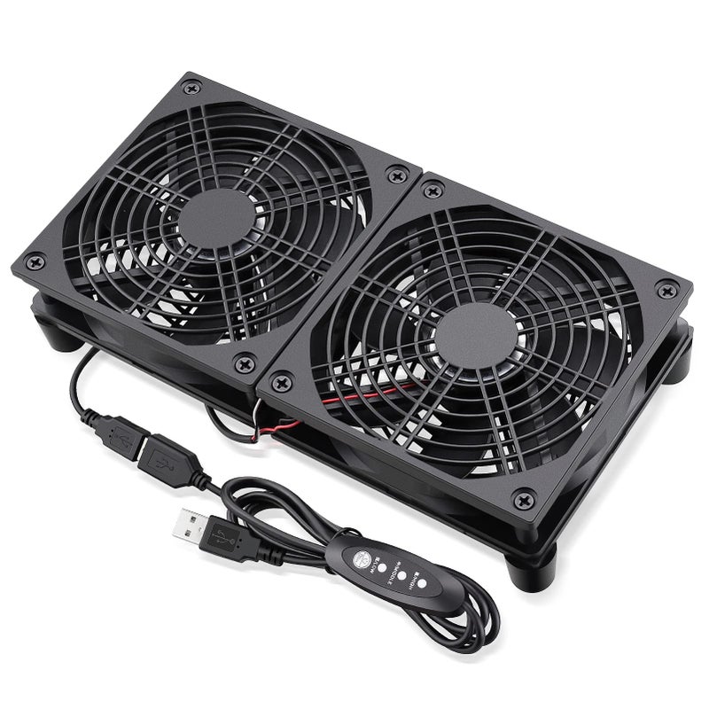 GDSTIME Quiet Router Fan Cooler with 3 Speed Control, L/M/H, DC 5V USB Powered Dual 120mm Computer Cooling Case Fan for Routers Modem Receiver DVR PlayStation TV Box - Image 1